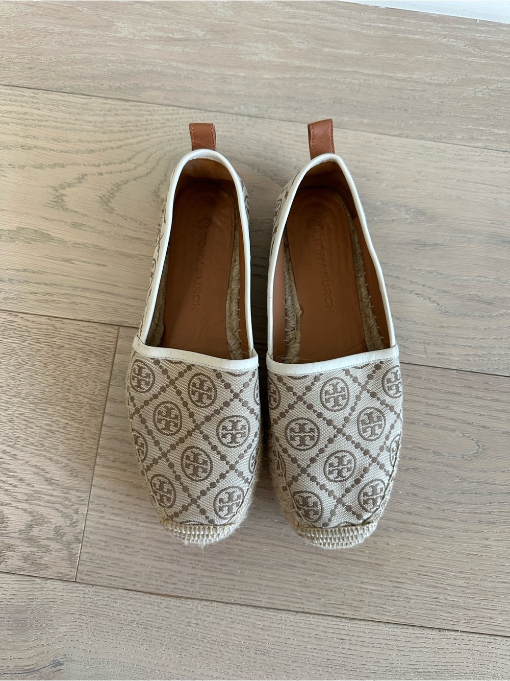 Tory Burch Beige Logo Canvas Espadrille Flats